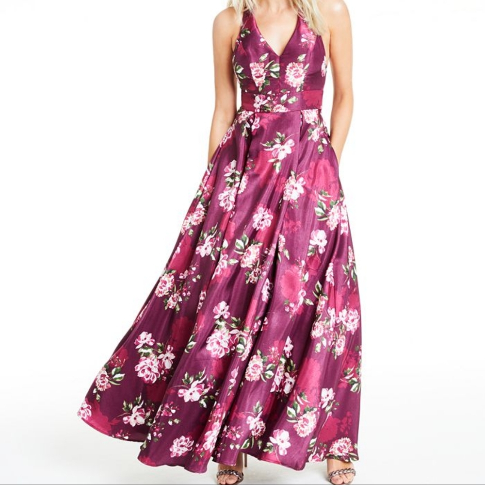 Prom Dress Juniors' Floral-Print Bow-Back Long Gown, Homecoming, Wedding Sz 5